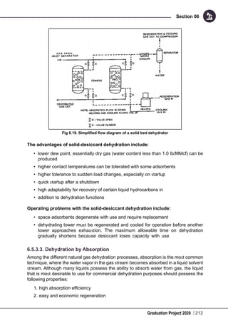 Graduation Project 2020
Section 06
212
Fig 6.19. Simplified flow diagram of a solid bed dehydrator
The advantages of solid-desiccant dehydration include:
•	 lower dew point, essentially dry gas (water content less than 1.0 Ib/MMcf) can be
produced
•	 higher contact temperatures can be tolerated with some adsorbents
•	 higher tolerance to sudden load changes, especially on startup
•	 quick startup after a shutdown
•	 high adaptability for recovery of certain liquid hydrocarbons in
•	 addition to dehydration functions
Operating problems with the solid-desiccant dehydration include:
•	 space adsorbents degenerate with use and require replacement
•	 dehydrating tower must be regenerated and cooled for operation before another
tower approaches exhaustion. The maximum allowable time on dehydration
gradually shortens because desiccant loses capacity with use
6.5.3.3. Dehydration by Absorption
Among the different natural gas dehydration processes, absorption is the most common
technique, where the water vapor in the gas stream becomes absorbed in a liquid solvent
stream. Although many liquids possess the ability to absorb water from gas, the liquid
that is most desirable to use for commercial dehydration purposes should possess the
following properties:
1.	high absorption efficiency
2.	easy and economic regeneration
 