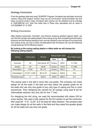 Graduation Project 2020
Chapter 04
220
Geology Conclusion
From the geology data and using “SURFER” Program, formation top and base structural
contour maps and isopach contour map can be constructed. Using formation top and
base structural contour maps, formation bulk volume can be obtained and its average
is 10291806140 (m3
), then the Initial Gas in Place was calculated and its value is
3.813225964*10 12 SCF.
Drilling Conclusion
After plotting hydrostatic, formation, and fracture pressure gradient against depth, we
can find the number and setting depth of the casing string. But considering the formation
pressure and the fracture pressure only, we may decide to use one type of mud and only
one casing string, but due to other considerations like formations we use the following
strings because of the following reason:
By looking at the casing setting depths in offset wells we will choose the
following setting depths:
Casing Casing Size Bit Size
Setting Depth (feet)
Mud Weight (ppg)
from to
Conductor 30" Hole Opener 36" Surface 229.6 9.1 PAD
Surface 20" Bit 26" Surface 1918.8 9.1 PAD
Intermediate 1 13 3/8" Bit 17.5" Surface 3083.2 9.6
Intermediate 2 10 3/4" × 9 5/8" Bit 12 1/4" Surface 3919.6 10.6
Production Liner 7" Bit 8.5" 3769.6 4883.6 10.7
The casing used in the well is more than one grade. The company can make
design for all the wells in the field and they select the greater grade for all
the wells and use only one grade to buy only type of casing and this is more
economical. Then designing the cement for all casings using lead & tail for
intermediate sections and only tail for the 7” liner.
For designing the drill string, we used the recommended drill collars OD for
every section. We used a hole opener for the first section to set the conductor,
then used 26”, 17.5”, 12.25”, 8.5” bit sizes for other sections. The company also
can make design for all the wells in the field and they select the greater grade
for all the wells and use only one grade.
 
