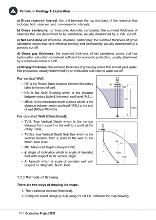 23 Graduation Project 2020
Petroleum Geology & Exploration
a) Gross reservoir interval: the unit between the top and base of the reservoir that
includes both reservoir and non-reservoir intervals.
b) Gross sandstone: (or limestone, dolomite, carbonate): the summed thickness of
intervals that are determined to be sandstone, usually determined by a Vsh. cut-off.
c) Net sandstone (or limestone, dolomite, carbonate): the summed thickness of gross
sandstone zones that have effective porosity and permeability, usually determined by a
porosity cut-off.
d) Gross pay thickness: the summed thickness of net sandstone zones that has
hydrocarbon saturation considered sufficient for economic production, usually determined
by a water-saturation cut-off.
e) Net pay thickness: the summed thickness of gross pay zones that should yield water-
free production, usually determined by an irreducible bulk volume water cut-off.
For vertical Well:
•	 RT: is the Rotary Table distance between the rotary
table to the end of well.
•	 KB: is the Kelly Bushing which is the distance
between rotary table & the mean seal level (MSL).
•	 MDss: is the measured depth subsea which is the
distance between mean sea level (MSL) to the end
of well (MDss=MD=KB).
For deviated Well (Directional):
•	 TVD: True Vertical Depth which is the vertical
distance from a point in the well to a point at the
rotary table.
•	 TVDss: true Vertical Depth Sub Sea which is the
vertical distance from a point in the well to the
mean seal level.
•	 MD: Measured Depth (always>TVD)
•	 ɸ: Angle of inclination which is angle of deviated
well with respect to its vertical origin
•	 A: Azimuth which is angle of deviated well with
respect to Magnetic North Pole
1.3.3 Methods of Drawing
There are two ways of drawing the maps:
1.	The traditional method (freehand).
2.	Computer Aided Design (CAD) using “SURFER” software for map drawing.
 