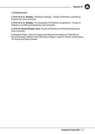 Graduation Project 2020
Section 01
32
1.6 References
1. Prof. Dr S. E. Shalaby, ‘’Petroleum Geology’’, Faculty of Petroleum and Mining
Engineering, Suez University.
2. Prof. Dr S. E. Shalaby, ‘’An Introduction To Petroleum Engineering’’, Faculty of
Petroleum and Mining Engineering, Suez University.
3. Prof. Dr Hamed Khatab notes, Faculty of Petroleum and Mining Engineering,
Suez University.
4. Research Paper “ Seismic Imaging and Reservoir Architecture of Sub-Marine
Channel Systems Offshore West Nile Delta of Egypt”, Essam F Sharaf, Hamdy Seisa,
I.M. Korrat and Eslam Esmaiel.
 