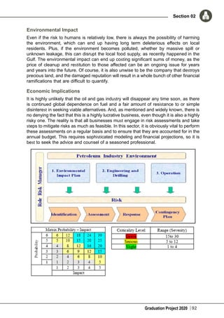 Graduation Project 2020
Section 02
92
Environmental Impact
Even if the risk to humans is relatively low, there is always the possibility of harming
the environment, which can end up having long term deleterious effects on local
residents. Plus, if the environment becomes polluted, whether by massive spill or
unknown leakage, this can disrupt the local food supply, as recently happened in the
Gulf. The environmental impact can end up costing significant sums of money, as the
price of cleanup and restitution to those affected can be an ongoing issue for years
and years into the future. Of course, it is also unwise to be the company that destroys
precious land, and the damaged reputation will result in a whole bunch of other financial
ramifications that are difficult to quantify. 
Economic Implications
It is highly unlikely that the oil and gas industry will disappear any time soon, as there
is continued global dependence on fuel and a fair amount of resistance to or simple
disinterest in seeking viable alternatives. And, as mentioned and widely known, there is
no denying the fact that this is a highly lucrative business, even though it is also a highly
risky one. The reality is that all businesses must engage in risk assessments and take
steps to mitigate risks as much as feasible. In this sector, it is obviously vital to perform
these assessments on a regular basis and to ensure that they are accounted for in the
annual budget. This requires sophisticated modeling and financial projections, so it is
best to seek the advice and counsel of a seasoned professional.
 