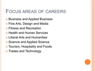 FOCUS AREAS OF CAREERS
 Business and Applied Business
 Fine Arts, Design and Media
 Fitness and Recreation
 Health and Human Services
 Liberal Arts and Humanities
 Science and Applied Science
 Tourism, Hospitality and Foods
 Trades and Technology
 