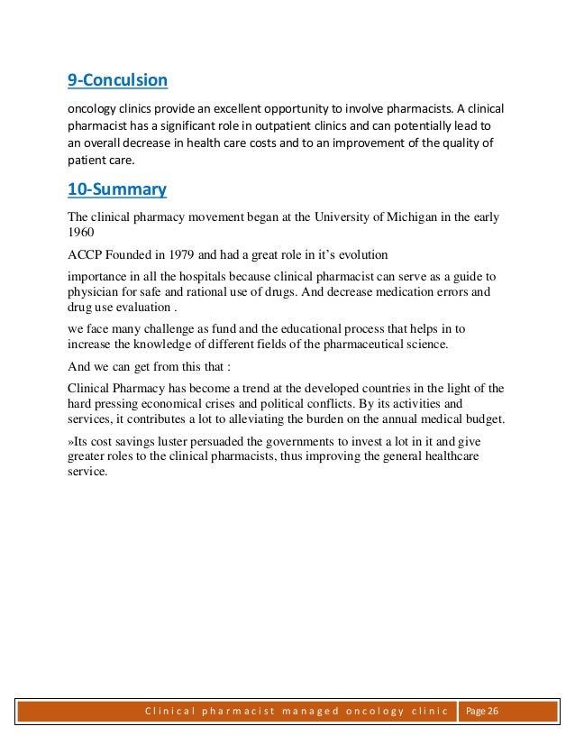 Clinical pharmacist Managed Oncology Clinic In University Hospital