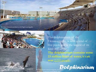 Dolphinarium
The dolphinarium of the
Oceanography, is with a total of
five pools and is the largest of its
kind in Europe.
The dolphinarium contains some
23 million liters of water, it can
seat 2,210 people.
Ref:http://www.valencia-cityguide.com/tourist-
attractions/museums/l-oceanografic.html
Ref: http://www.sightsandstripes.com/2018/05/valencia-
science-and-oceanographic.html
Ref: https://anyarnia.wordpress.com/tag/l-oceanografic-
of-valencia/
 