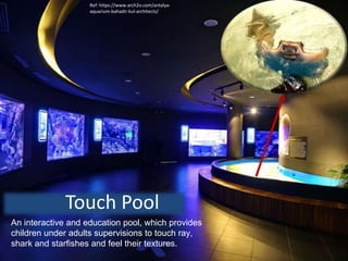 Touch Pool
An interactive and education pool, which provides
children under adults supervisions to touch ray,
shark and starfishes and feel their textures.
Ref: https://www.arch2o.com/antalya-
aquarium-bahadir-kul-architects/
 