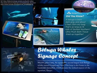 Beluga Whales
Signage Concept
Ref: https://blakeclemdesign.dunked.com/backlit-railbox
http://www.aboutnorthgeorgia.com/ang/Georgia_Aquarium
https://www.youtube.com/watch?v=At_Xf7AlNkQ&t=8s
800,000 gallon tank, the aquarium's second largest held Beluga
whales named Gaspar and Nico. This loop is also home to the
Garabaldi damselfish, which became the stylized mascot of the
aquarium, Deepo.
 