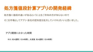 処方箋値段計算アプリの開発経緯
処方箋に値段の違いがあるということをご存知の方が知らないので
そこを市場としてアプリ・会社の認知度を拡大していければいいと思いました。
アプリ開発にかかった時間
中川：約４週間（１日４時間）、大須賀：約４週間（１日４時間）
 