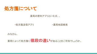 処方箋について
薬局の便利アプリといえば。。
・薬局地図検索
みなさん、　
薬局によって処方箋に値段の違いがあることをご存知でしょうか。
・処方箋送信アプリ
 