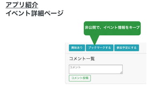アプリ紹介
イベント詳細ページ
非公開で、イベント情報をキープ
 