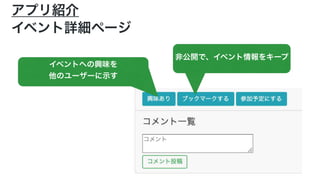 アプリ紹介
イベント詳細ページ
非公開で、イベント情報をキープ
イベントへの興味を
他のユーザーに示す
 
