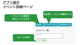 アプリ紹介
イベント詳細ページ
非公開で、イベント情報をキープ
イベントへの興味を
他のユーザーに示す
コメントを残す
 