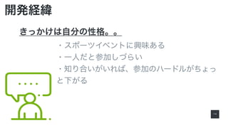 1 4
開発経緯
きっかけは自分の性格。。
・スポーツイベントに興味ある
・一人だと参加しづらい
・知り合いがいれば、参加のハードルがちょっ
と下がる
 