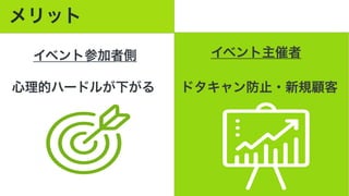 メリット
イベント参加者側 イベント主催者
心理的ハードルが下がる ドタキャン防止・新規顧客
 