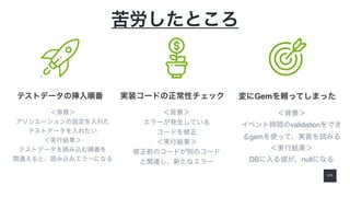 2 0
苦労したところ
＜背景＞
アソシエーションの設定を入れた
テストデータを入れたい
＜実行結果＞
テストデータを読み込む順番を
間違えると、読み込みエラーになる
テストデータの挿入順番 実装コードの正常性チェック
＜背景＞
エラーが発生している
コードを修正
＜実行結果＞
修正前のコードが別のコード
と関連し、新たなエラー
変にGemを頼ってしまった
＜背景＞
イベント時間のvalidationをでき
るgemを使って、実装を試みる
＜実行結果＞
DBに入る値が、nullになる
 