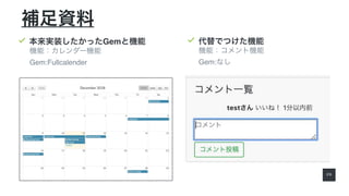 2 6
補足資料
機能：カレンダー機能
Gem:Fullcalender
本来実装したかったGemと機能
機能：コメント機能
Gem:なし
代替でつけた機能
 