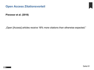 Open Access Zitationsvorteil
Piwowar et al. (2018)
„Open [Access] articles receive 18% more citations than otherwise expected.”
Seite 61
 