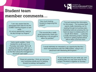 Student team
member comments…
“Great job yesterday, I think we had some
very surprising results and I'm looking
forward to putting it all together.”
“If you could send me your write ups, and
anything else you may have done for the
project, I'll whack it together on Sunday.”
“Just a quick update, I have
booked for us all to go in on
Thursday next week. We're all
looking forward to it, well I am, I
want to see what the thoughts are
on the floor about the management
structure! Can't wait!”
“Very much looking
forward to beginning this
project!”
“I am very aware that the
anticipated start date for the IN-
COMM Training program is next
week...
it's not an opportunity I want to
let slip through my fingers!”
“This sounds like a really
great opportunity, thank you
for believing in me enough to
allow me partake!”
“I've just received the information
for the project. The business itself
seems really interesting, as I'm
reading through its business plan,
marketing tools are jumping into my
head as ways to analyse parts of it
– Ansoff; BCG Matrix … Looks like
a really interesting project, looking
forward to getting started-will be
able to learn a lot from this!”
“I would definitely be interested in an opportunity like this. I
have had experience with the CRM system, using it at a
placement with Marketing Birmingham.”
 