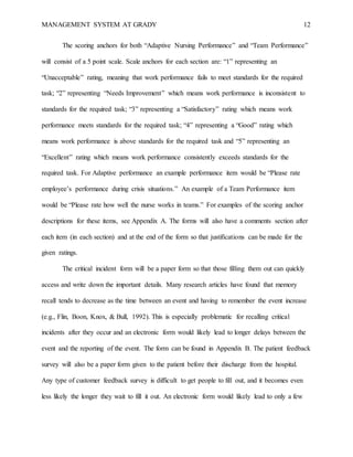 MANAGEMENT SYSTEM AT GRADY 12
The scoring anchors for both “Adaptive Nursing Performance” and “Team Performance”
will consist of a 5 point scale. Scale anchors for each section are: “1” representing an
“Unacceptable” rating, meaning that work performance fails to meet standards for the required
task; “2” representing “Needs Improvement” which means work performance is inconsistent to
standards for the required task; “3” representing a “Satisfactory” rating which means work
performance meets standards for the required task; “4” representing a “Good” rating which
means work performance is above standards for the required task and “5” representing an
“Excellent” rating which means work performance consistently exceeds standards for the
required task. For Adaptive performance an example performance item would be “Please rate
employee’s performance during crisis situations.” An example of a Team Performance item
would be “Please rate how well the nurse works in teams.” For examples of the scoring anchor
descriptions for these items, see Appendix A. The forms will also have a comments section after
each item (in each section) and at the end of the form so that justifications can be made for the
given ratings.
The critical incident form will be a paper form so that those filling them out can quickly
access and write down the important details. Many research articles have found that memory
recall tends to decrease as the time between an event and having to remember the event increase
(e.g., Flin, Boon, Knox, & Bull, 1992). This is especially problematic for recalling critical
incidents after they occur and an electronic form would likely lead to longer delays between the
event and the reporting of the event. The form can be found in Appendix B. The patient feedback
survey will also be a paper form given to the patient before their discharge from the hospital.
Any type of customer feedback survey is difficult to get people to fill out, and it becomes even
less likely the longer they wait to fill it out. An electronic form would likely lead to only a few
 