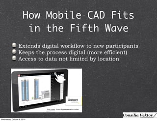 How Mobile CAD Fits 
in the Fifth Wave 
Extends digital workflow to new participants 
Keeps the process digital (more efficient) 
Access to data not limited by location 
Wednesday, October 8, 2014 
 