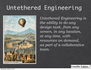 Untethered Engineering 
Untethered Engineering is 
the ability to do any 
design task, from any 
screen, in any location, 
at any time, with 
resources on demand, 
as part of a collaborative 
team. 
Wednesday, October 8, 2014 
 