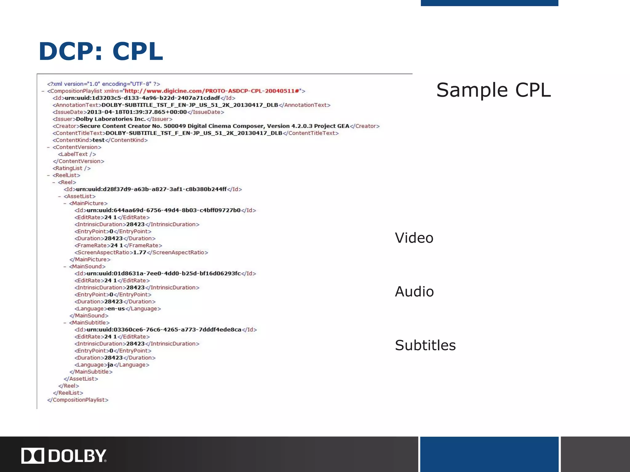 DCP: CPL
Sample CPL
Video
Audio
Subtitles
 