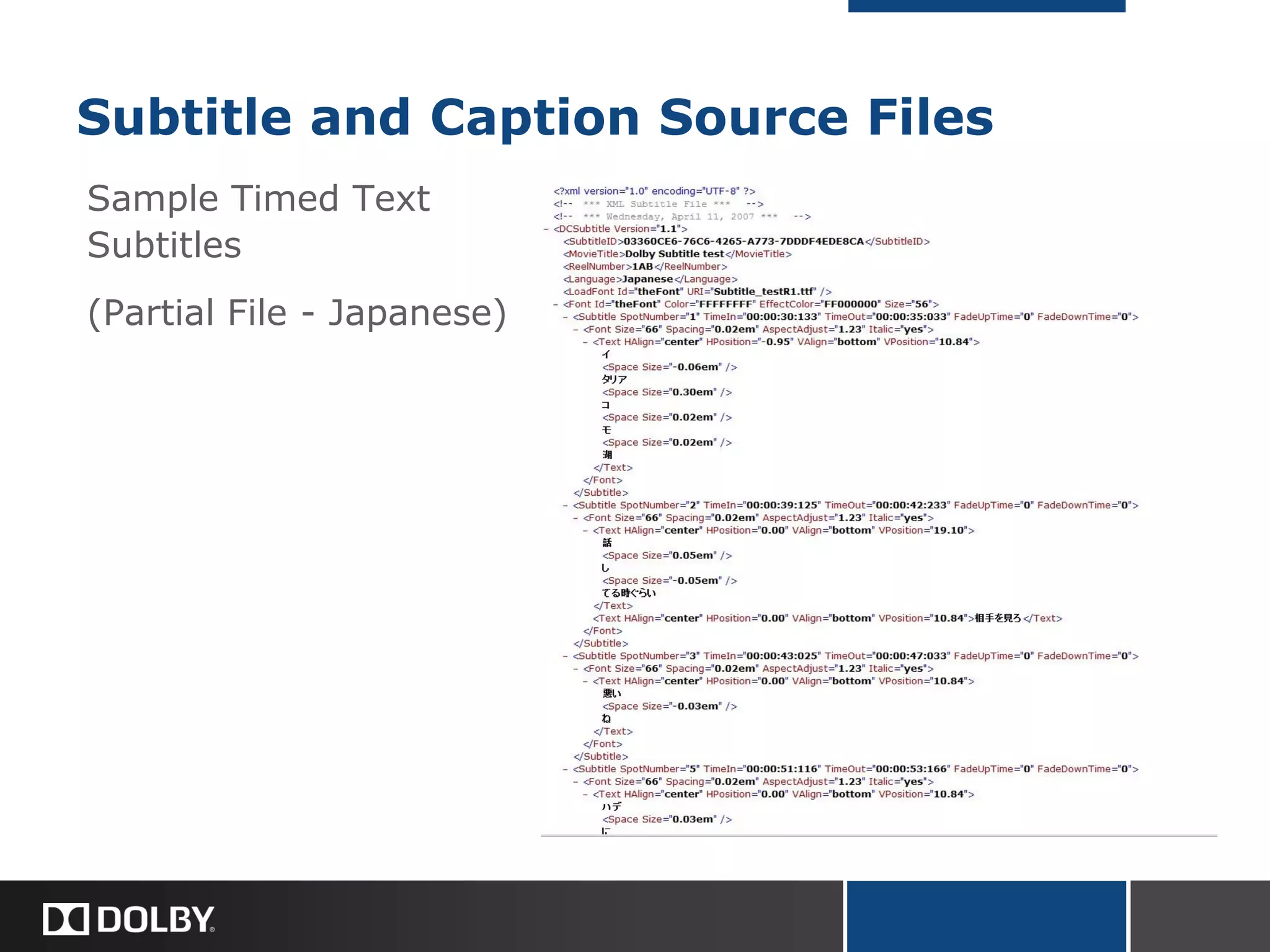 Subtitle and Caption Source Files
Sample Timed Text
Subtitles
(Partial File - Japanese)
 