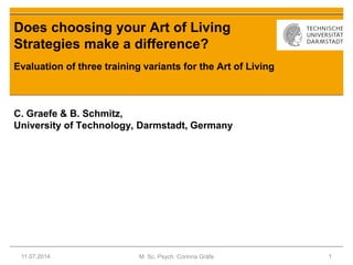 Evaluation of three training variants for the Art of Living
C. Graefe & B. Schmitz,
University of Technology, Darmstadt, Germany
Does choosing your Art of Living
Strategies make a difference?
M. Sc. Psych. Corinna Gräfe11.07.2014 1
 