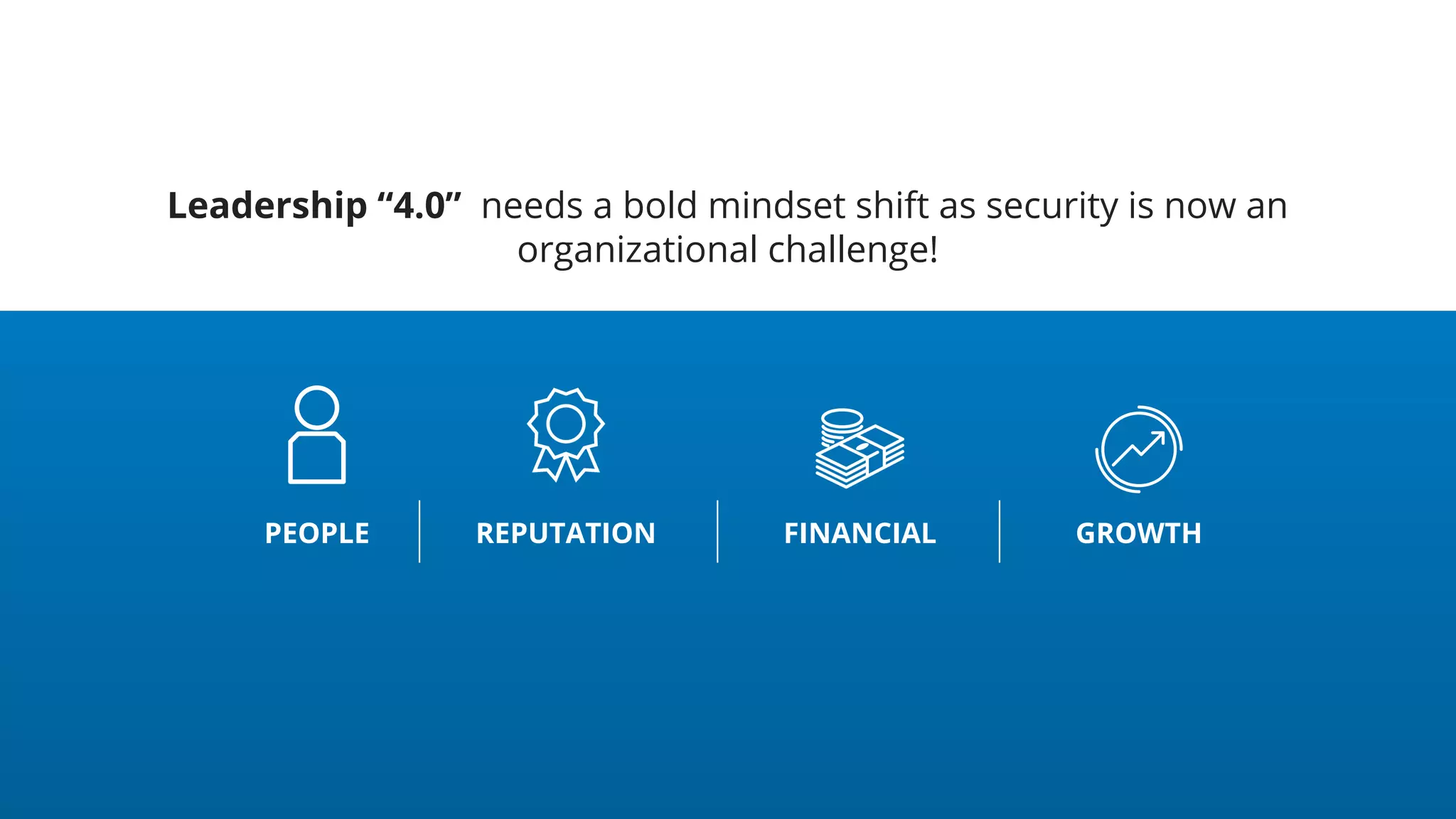 Leadership “4.0” needs a bold mindset shift as security is now an
organizational challenge!
PEOPLE REPUTATION FINANCIAL GROWTH
 