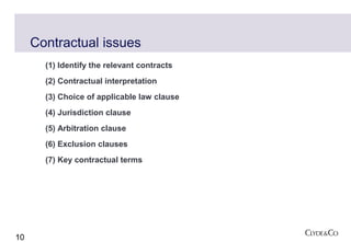 Contractual issues
       (1) Identify the relevant contracts
       (2) Contractual interpretation
       (3) Choice of applicable law clause
       (4) Jurisdiction clause
       (5) Arbitration clause
       (6) Exclusion clauses
       (7) Key contractual terms




10
 