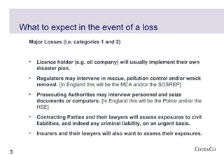 What to expect in the event of a loss
      Major Losses (i.e. categories 1 and 2)


      •   Licence holder (e.g. oil company) will usually implement their own
          disaster plan.
      •   Regulators may intervene in rescue, pollution control and/or wreck
          removal. [In England this will be the MCA and/or the SOSREP]
      •   Prosecuting Authorities may interview personnel and seize
          documents or computers. [In England this will be the Police and/or the
          HSE]
      •   Contracting Parties and their lawyers will assess exposures to civil
          liabilities, and indeed any criminal liability, on an urgent basis.
      •   Insurers and their lawyers will also want to assess their exposures.


3
 
