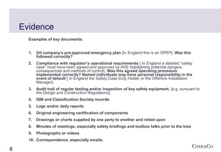 Evidence
      Examples of key documents:


      1.   Oil company’s pre-approved emergency plan [In England this is an OPEP]. Was this
           followed correctly?
      2.   Compliance with regulator’s operational requirements [ In England a detailed “safety
           case” must have been agreed and approved by HSE highlighting potential dangers,
           consequences and methods of control]. Was this agreed operating procedure
           implemented correctly? Named individuals may have personal responsibility in the
           event of default [ In England the Safety Case Duty Holder or the Offshore Installation
           Manager].
      3.   Audit trail of regular testing and/or inspection of key safety equipment. [e.g. pursuant to
           the Design and Construction Regulations].
      4.   ISM and Classification Society records
      5.   Logs and/or daily reports
      6.   Original engineering certification of components
      7.   Drawings or charts supplied by one party to another and relied upon
      8.   Minutes of meetings, especially safety briefings and toolbox talks prior to the loss
      9.   Photographs or videos
      10. Correspondence, especially emails.

6
 