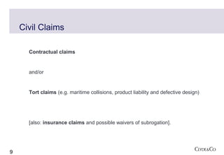 Civil Claims

      Contractual claims


      and/or


      Tort claims (e.g. maritime collisions, product liability and defective design)




      [also: insurance claims and possible waivers of subrogation].




9
 