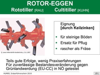 HUMER, Gräserführerschein 2019 181
Eignung
[durch Keilzinken]
▪ für steinige Böden
▪ Ersatz für Pflug
▪ rascher als Fräse
ROTOR-EGGEN
Rototiller [RAU] Cultitiller [KUHN]
Teils gute Erfolge, wenig Praxiserfahrungen
Für zuverlässige Bestandesveränderung gegen
Grünlandwerdung (EU-CC) in NÖ getestet
Q: www.mitterndorfer-landtechnik.a, 16.1.2007
 
