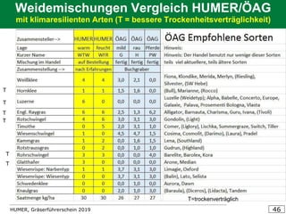 HUMER, Gräserführerschein 2019 46
Weidemischungen Vergleich HUMER/ÖAG
mit klimaresilienten Arten (T = bessere Trockenheitsverträglichkeit)
T
T
T
T
T
T
T=trockenverträglich
 