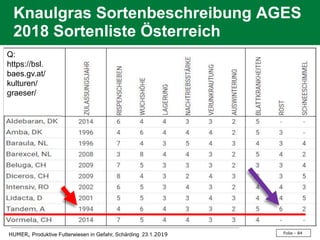 Folie - 84HUMER, Produktive Futterwiesen in Gefahr, Schärding 23.1.2019
Knaulgras Sortenbeschreibung AGES
2018 Sortenliste Österreich
Q:
https://bsl.
baes.gv.at/
kulturen/
graeser/
 