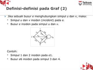 Jika sebuah busur e menghubungkan simpul u dan v, maka:
- Simpul u dan v insiden (incident) pada e.
- Busur e insiden pada simpul u dan v.
Contoh:
- Simpul 1 dan 2 insiden pada e1.
- Busur e6 insiden pada simpul 3 dan 4.
Definisi-definisi pada Graf (2)
 