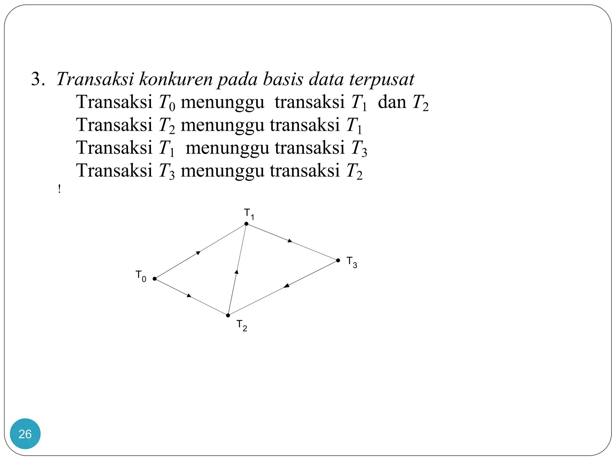 26
3. Transaksi konkuren pada basis data terpusat
Transaksi T0 menunggu transaksi T1 dan T2
Transaksi T2 menunggu transaksi T1
Transaksi T1 menunggu transaksi T3
Transaksi T3 menunggu transaksi T2
!
T1
T0
T3
T2
 