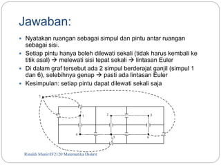 Jawaban: 
 Nyatakan ruangan sebagai simpul dan pintu antar ruangan 
sebagai sisi. 
 Setiap pintu hanya boleh dilewati sekali (tidak harus kembali ke 
titik asal)  melewati sisi tepat sekali  lintasan Euler 
 Di dalam graf tersebut ada 2 simpul berderajat ganjil (simpul 1 
dan 6), selebihnya genap  pasti ada lintasan Euler 
 Kesimpulan: setiap pintu dapat dilewati sekali saja 
1 2 3 
4 
Rinaldi Munir/101 IF2120 Matematika Diskrit 
5 6 
7 
 
