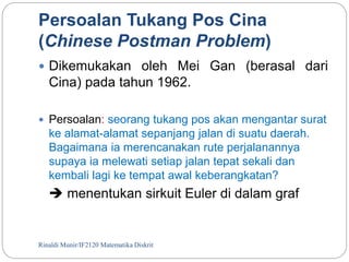 Persoalan Tukang Pos Cina 
(Chinese Postman Problem) 
 Dikemukakan oleh Mei Gan (berasal dari 
Cina) pada tahun 1962. 
 Persoalan: seorang tukang pos akan mengantar surat 
ke alamat-alamat sepanjang jalan di suatu daerah. 
Bagaimana ia merencanakan rute perjalanannya 
supaya ia melewati setiap jalan tepat sekali dan 
kembali lagi ke tempat awal keberangkatan? 
 menentukan sirkuit Euler di dalam graf 
Rinaldi Munir/108 IF2120 Matematika Diskrit 
 