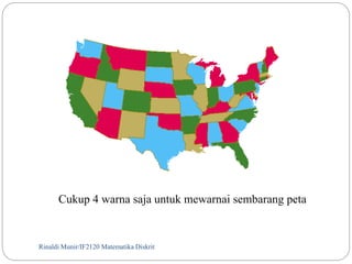 Cukup 4 warna saja untuk mewarnai sembarang peta 
Rinaldi Munir/124 IF2120 Matematika Diskrit 
 