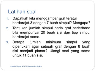 Latihan soal 
1. Dapatkah kita menggambar graf teratur 
berderajat 3 dengan 7 buah simpul? Mengapa? 
2. Tentukan jumlah simpul pada graf sederhana 
bila mempunyai 20 buah sisi dan tiap simpul 
berderajat sama. 
3. Berapa jumlah minimum simpul yang 
diperlukan agar sebuah graf dengan 6 buah 
sisi menjadi planar? Ulangi soal yang sama 
untuk 11 buah sisi. 
Rinaldi Munir/128 IF2120 Matematika Diskrit 
 
