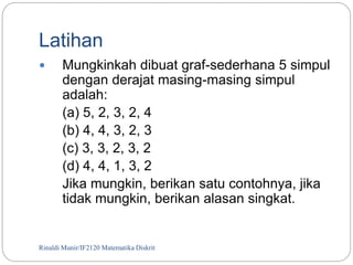 Latihan 
 Mungkinkah dibuat graf-sederhana 5 simpul 
dengan derajat masing-masing simpul 
adalah: 
(a) 5, 2, 3, 2, 4 
(b) 4, 4, 3, 2, 3 
(c) 3, 3, 2, 3, 2 
(d) 4, 4, 1, 3, 2 
Jika mungkin, berikan satu contohnya, jika 
tidak mungkin, berikan alasan singkat. 
Rinaldi Munir/30 IF2120 Matematika Diskrit 
 