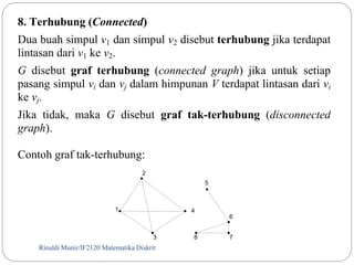 8. Terhubung (Connected) 
Dua buah simpul v1 dan simpul v2 disebut terhubung jika terdapat 
lintasan dari v1 ke v2. 
G disebut graf terhubung (connected graph) jika untuk setiap 
pasang simpul vi dan vj dalam himpunan V terdapat lintasan dari vi 
ke vj. 
Jika tidak, maka G disebut graf tak-terhubung (disconnected 
graph). 
Contoh graf tak-terhubung: 
1 
2 
3 
Rinaldi Munir/34 IF2120 Matematika Diskrit 
4 
5 
6 
8 7 
 