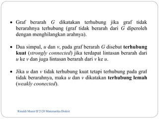  Graf berarah G dikatakan terhubung jika graf tidak 
berarahnya terhubung (graf tidak berarah dari G diperoleh 
dengan menghilangkan arahnya). 
 Dua simpul, u dan v, pada graf berarah G disebut terhubung 
kuat (strongly connected) jika terdapat lintasan berarah dari 
u ke v dan juga lintasan berarah dari v ke u. 
 Jika u dan v tidak terhubung kuat tetapi terhubung pada graf 
tidak berarahnya, maka u dan v dikatakan terhubung lemah 
(weakly coonected). 
Rinaldi Munir/35 IF2120 Matematika Diskrit 
 