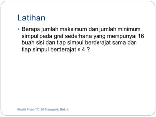 Latihan 
 Berapa jumlah maksimum dan jumlah minimum 
simpul pada graf sederhana yang mempunyai 16 
buah sisi dan tiap simpul berderajat sama dan 
tiap simpul berderajat ≥ 4 ? 
Rinaldi Munir/46 IF2120 Matematika Diskrit 
 
