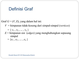 Definisi Graf 
Graf G = (V, E), yang dalam hal ini: 
V = himpunan tidak-kosong dari simpul-simpul (vertices) 
= { v1 , v2 , ... , vn } 
E = himpunan sisi (edges) yang menghubungkan sepasang 
simpul 
= {e1 , e2 , ... , en } 
Rinaldi Munir/6 IF2120 Matematika Diskrit 
 