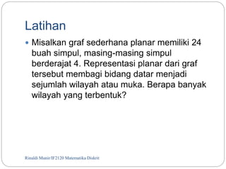 Latihan 
 Misalkan graf sederhana planar memiliki 24 
buah simpul, masing-masing simpul 
berderajat 4. Representasi planar dari graf 
tersebut membagi bidang datar menjadi 
sejumlah wilayah atau muka. Berapa banyak 
wilayah yang terbentuk? 
Rinaldi Munir/75 IF2120 Matematika Diskrit 
 