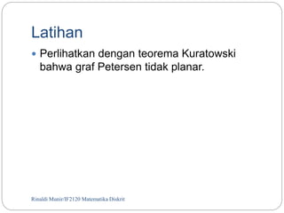 Latihan 
 Perlihatkan dengan teorema Kuratowski 
bahwa graf Petersen tidak planar. 
Rinaldi Munir/87 IF2120 Matematika Diskrit 
 