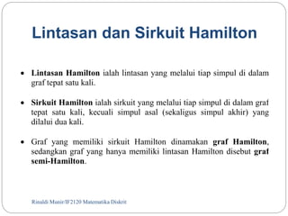 Lintasan dan Sirkuit Hamilton 
 Lintasan Hamilton ialah lintasan yang melalui tiap simpul di dalam 
graf tepat satu kali. 
 Sirkuit Hamilton ialah sirkuit yang melalui tiap simpul di dalam graf 
tepat satu kali, kecuali simpul asal (sekaligus simpul akhir) yang 
dilalui dua kali. 
 Graf yang memiliki sirkuit Hamilton dinamakan graf Hamilton, 
sedangkan graf yang hanya memiliki lintasan Hamilton disebut graf 
semi-Hamilton. 
Rinaldi Munir/94 IF2120 Matematika Diskrit 
 