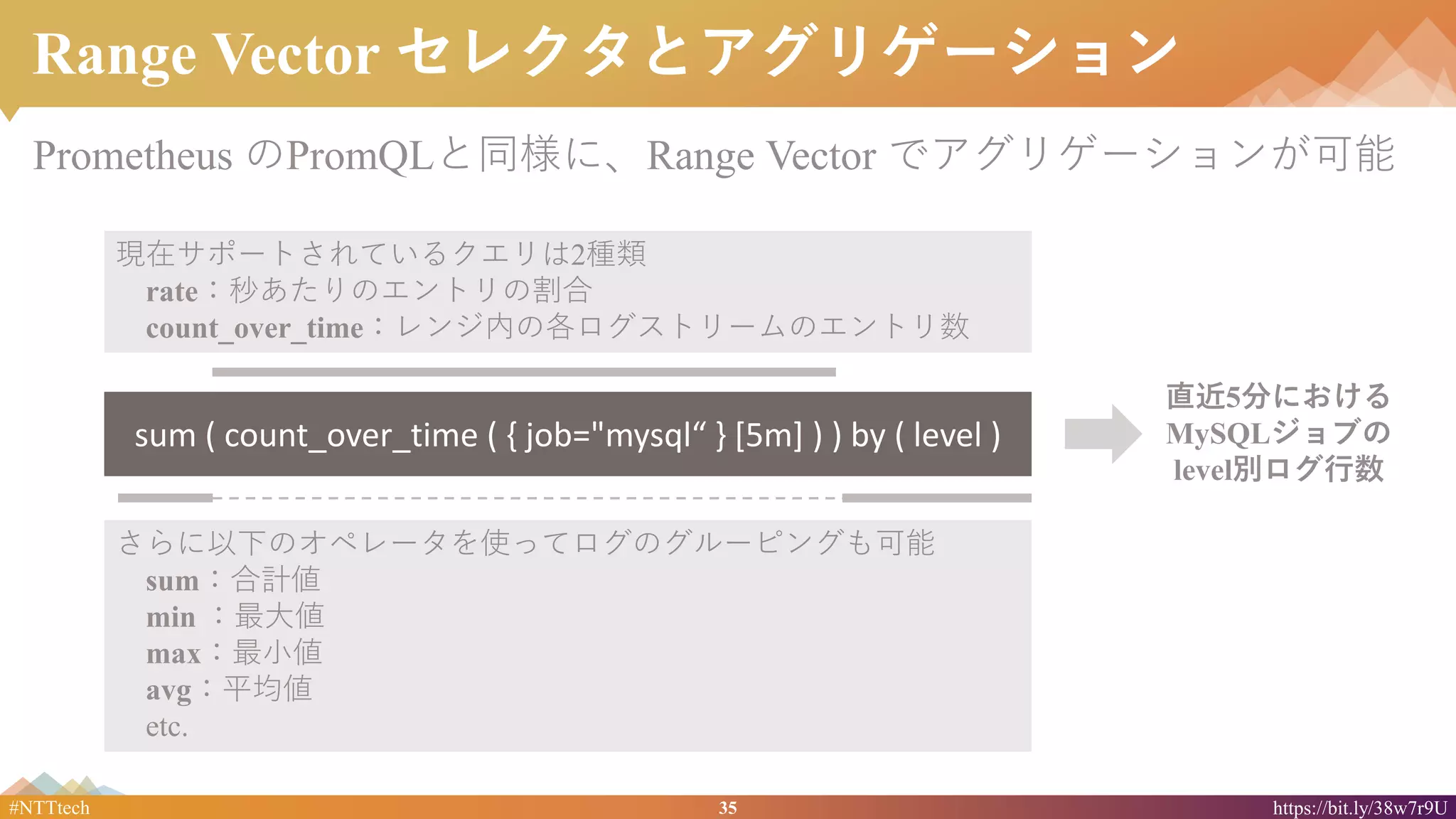 35#NTTtech https://bit.ly/38w7r9U
Range Vector セレクタとアグリゲーション
Prometheus のPromQLと同様に、Range Vector でアグリゲーションが可能
現在サポートされているクエリは2種類
rate：秒あたりのエントリの割合
count_over_time：レンジ内の各ログストリームのエントリ数
さらに以下のオペレータを使ってログのグルーピングも可能
sum：合計値
min ：最大値
max：最小値
avg：平均値
etc.
sum ( count_over_time ( { job="mysql“ } [5m] ) ) by ( level )
直近5分における
MySQLジョブの
level別ログ行数
 